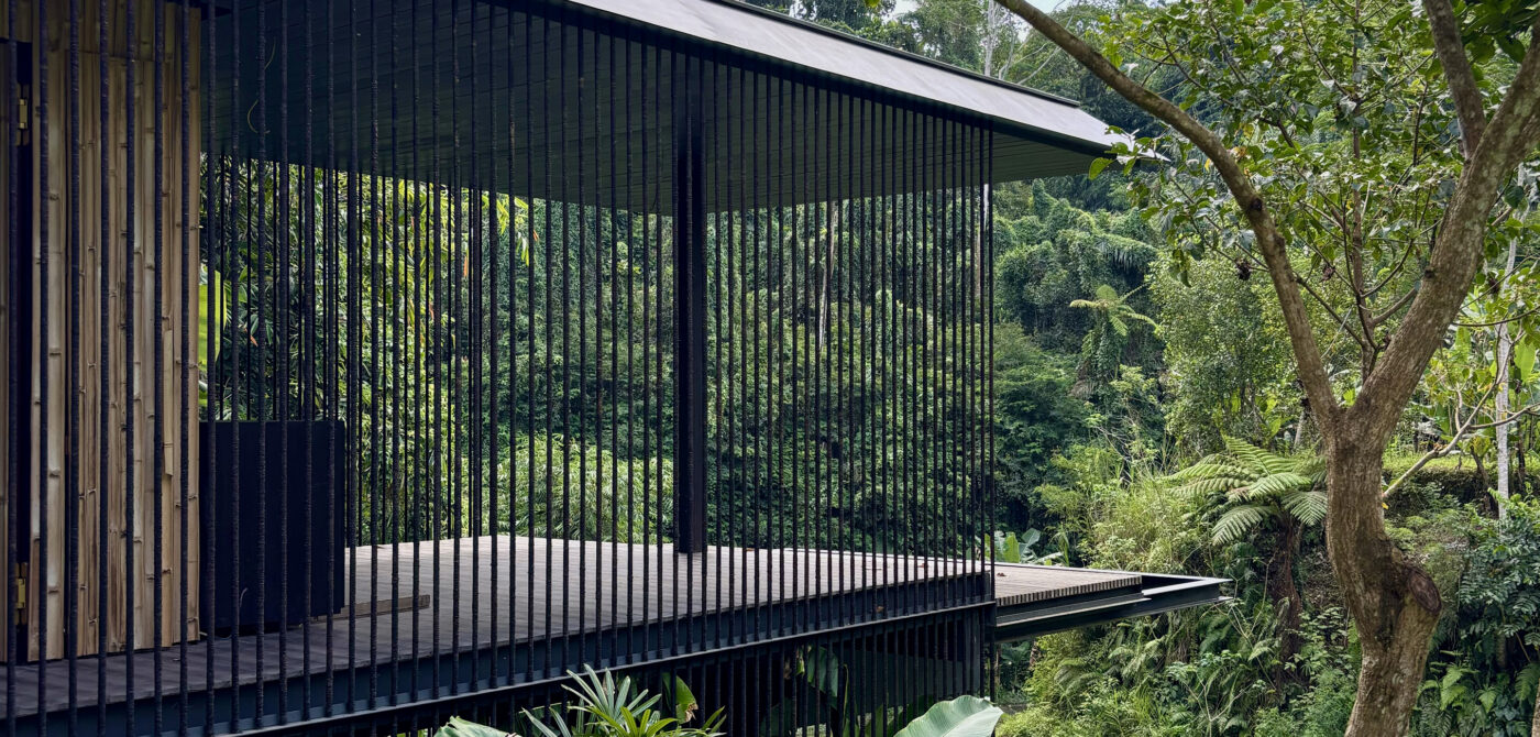 Modern villa with a full-height timber screen facade and hardwood deck overlooking rainforest