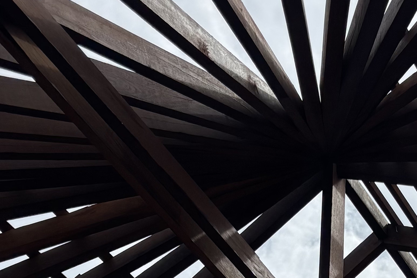 Upward view of radiating hardwood roof rafters and beams converging at a central post
