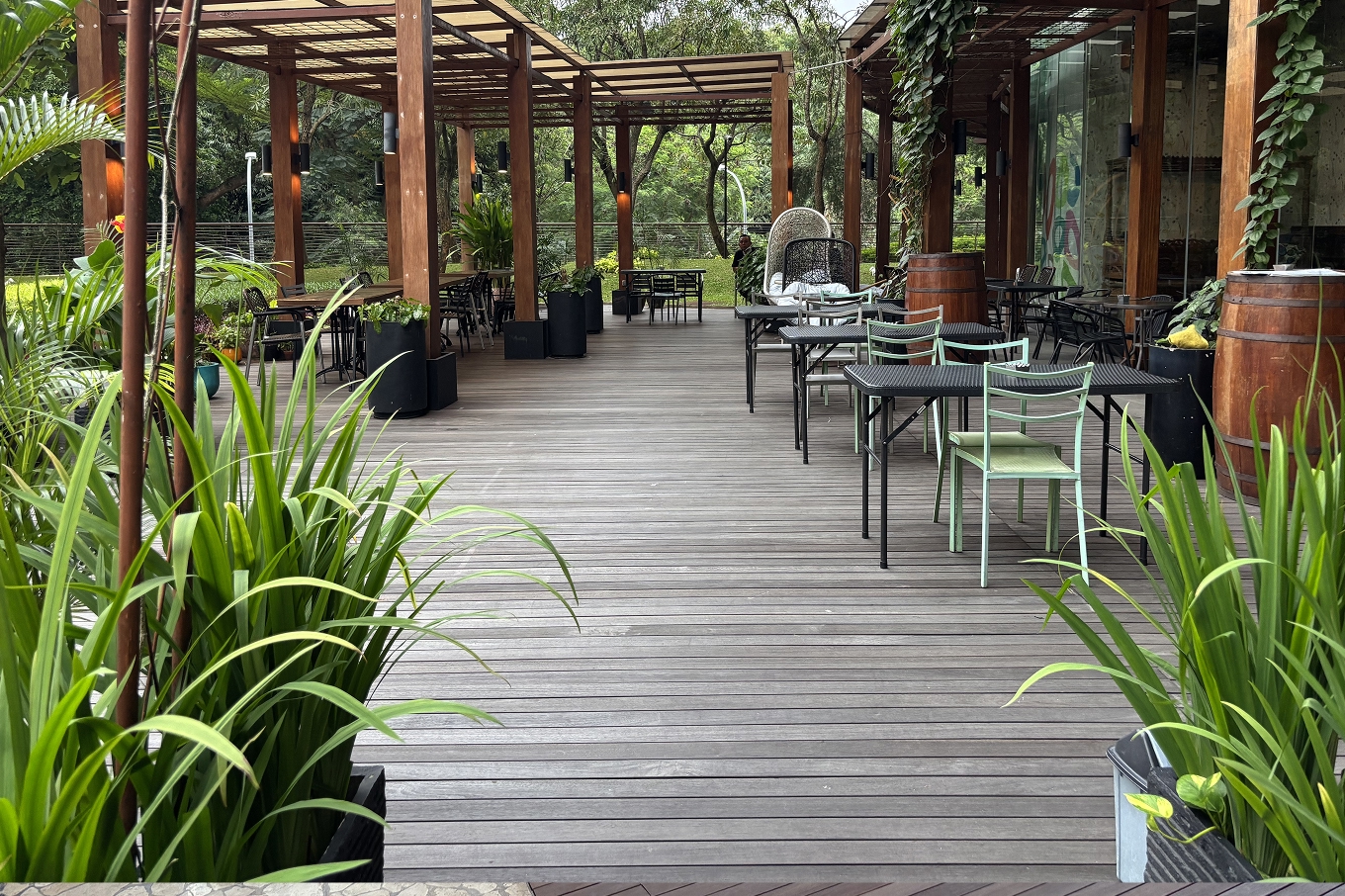 Outdoor cafe terrace with a hardwood deck walkway under a timber pergola
